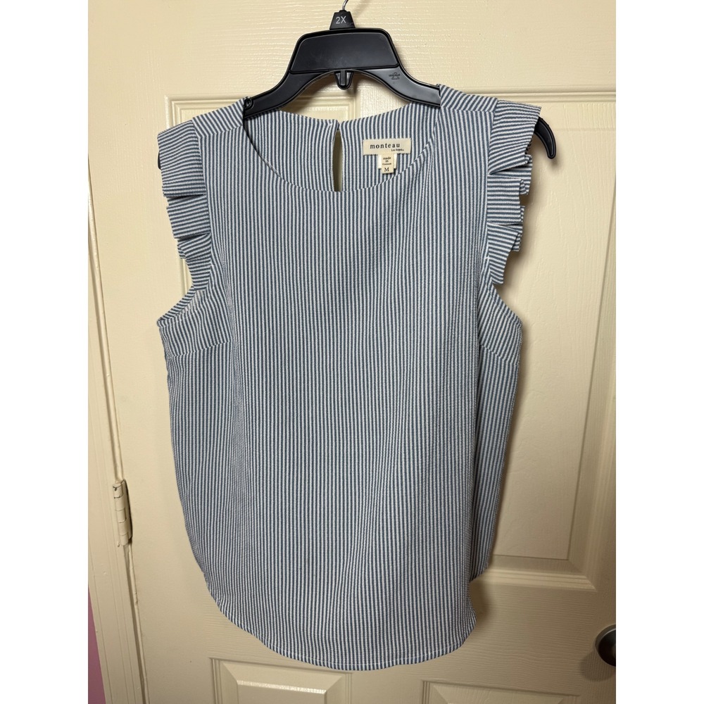 Monteau Los Angeles Blue White Striped Ruffle Sleeve Blouse Top Medium